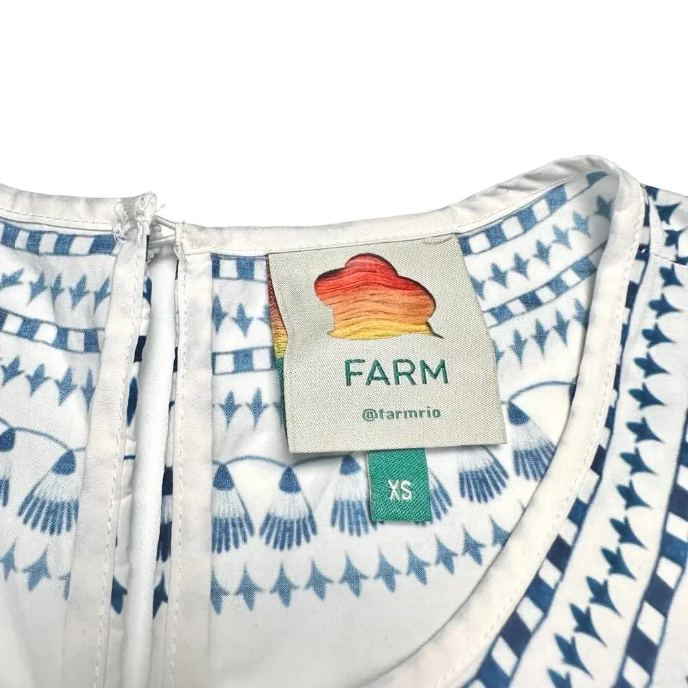 FARM Rio | Women | Ancient Garden Blue White Cotton Poplin Midi Dress | Size XS